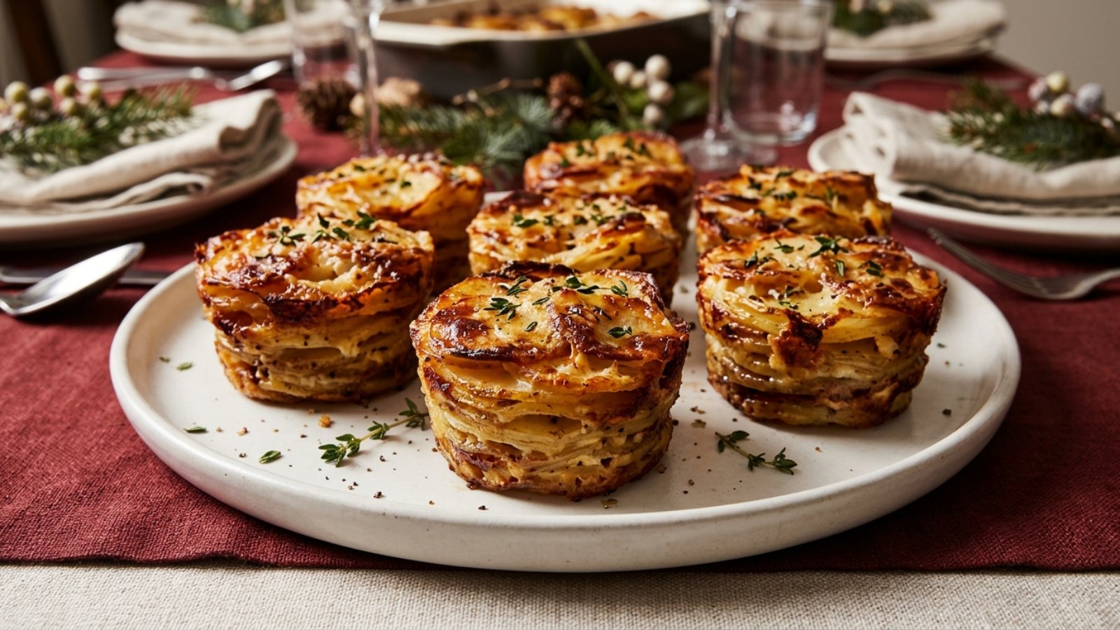 Crispy layered potato gratin stacks topped with thyme on a white platter