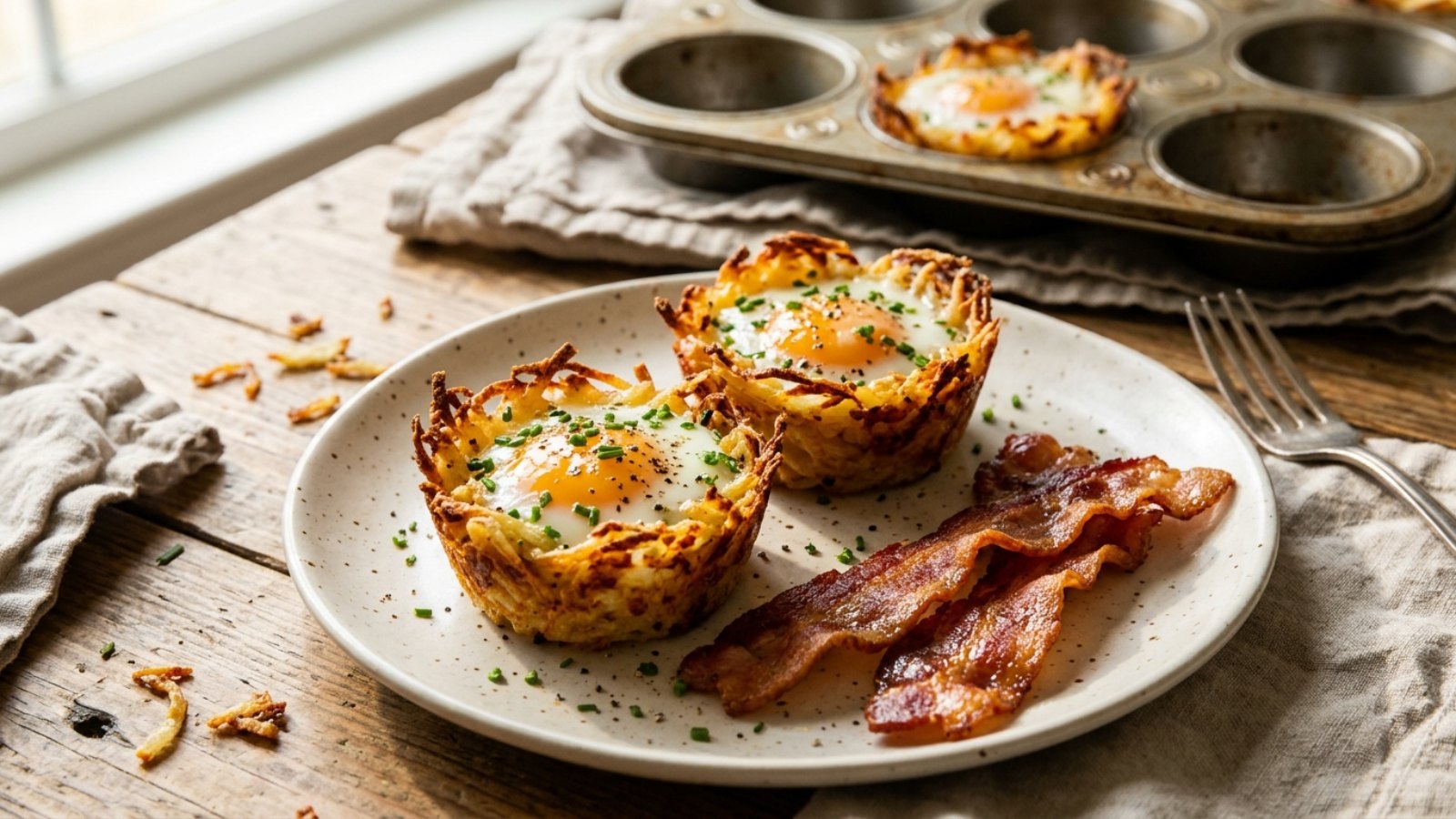 Crispy hash brown nests with baked eggs, chives and bacon on a plate