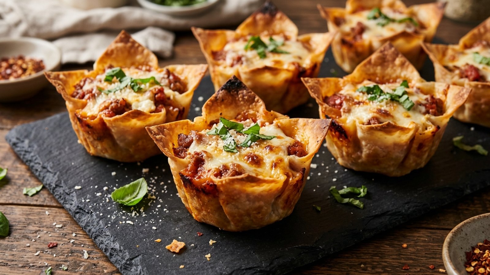 Crispy wonton lasagna cups with meat sauce, ricotta and mozzarella