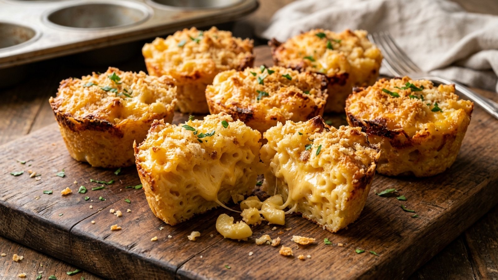 Baked mac and cheese cups with golden breadcrumb tops on a wooden board