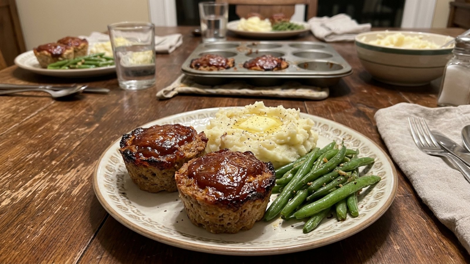 Glazed mini meatloaves with mashed potatoes and green beans on a dinner plate