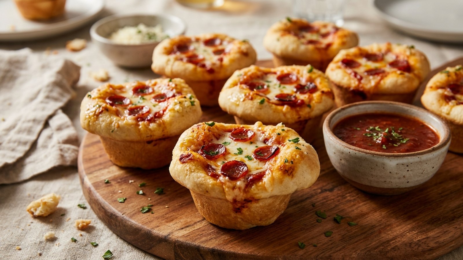 Pizza cupcakes with mozzarella and mini pepperoni and a bowl of marinara