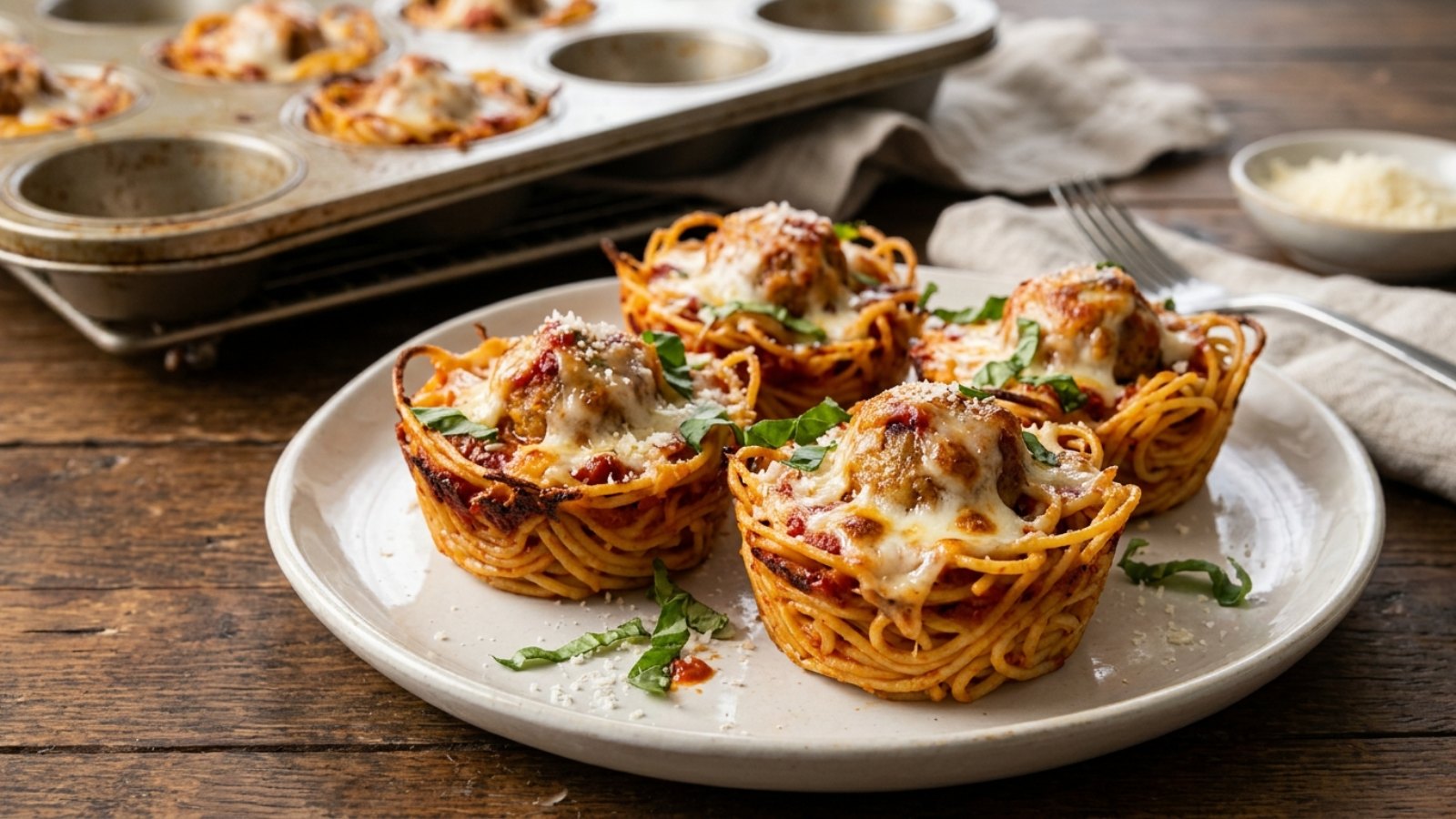 Muffin tin recipes: spaghetti and meatball cups with melted mozzarella and basil