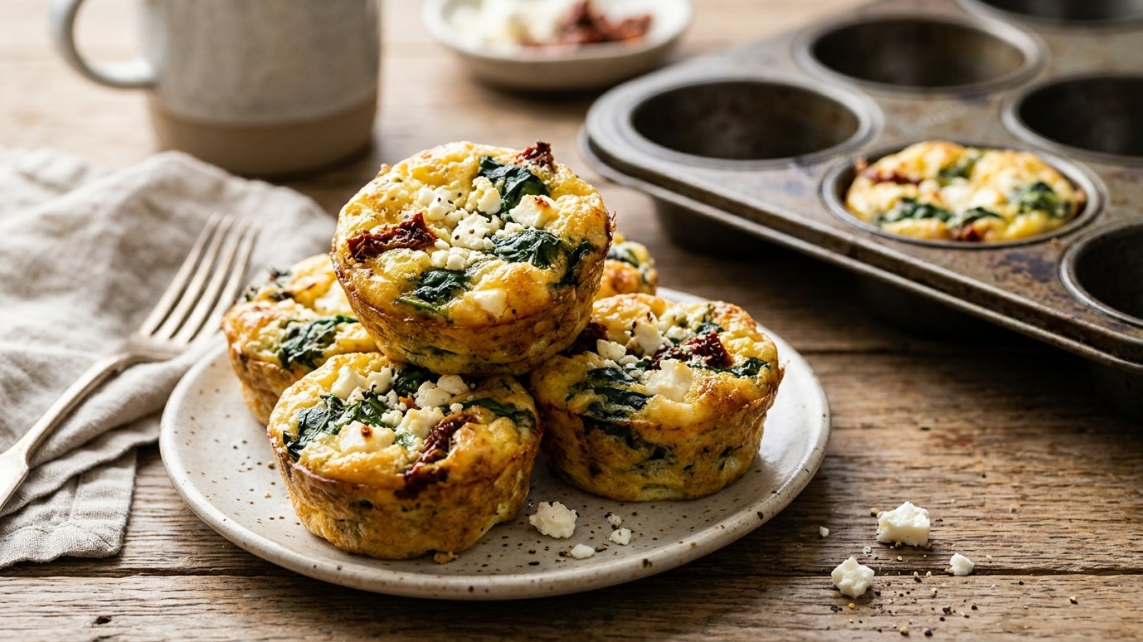 Spinach and feta egg bites with sun dried tomatoes stacked on a plate