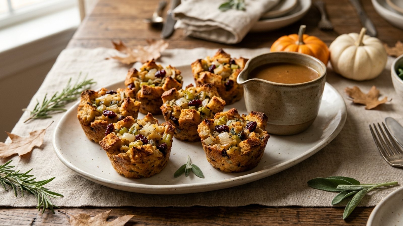 Muffin tin recipes: crispy stuffing cups with cranberries and a gravy boat