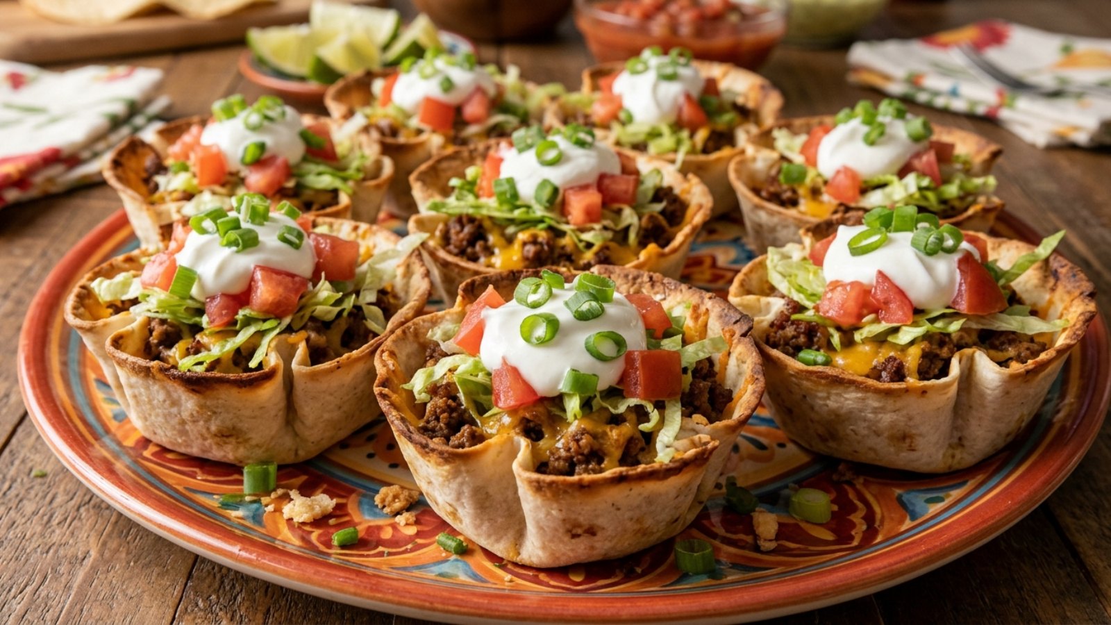 Muffin tin recipes: crispy taco cups with beef, cheese, lettuce, tomato and sour cream