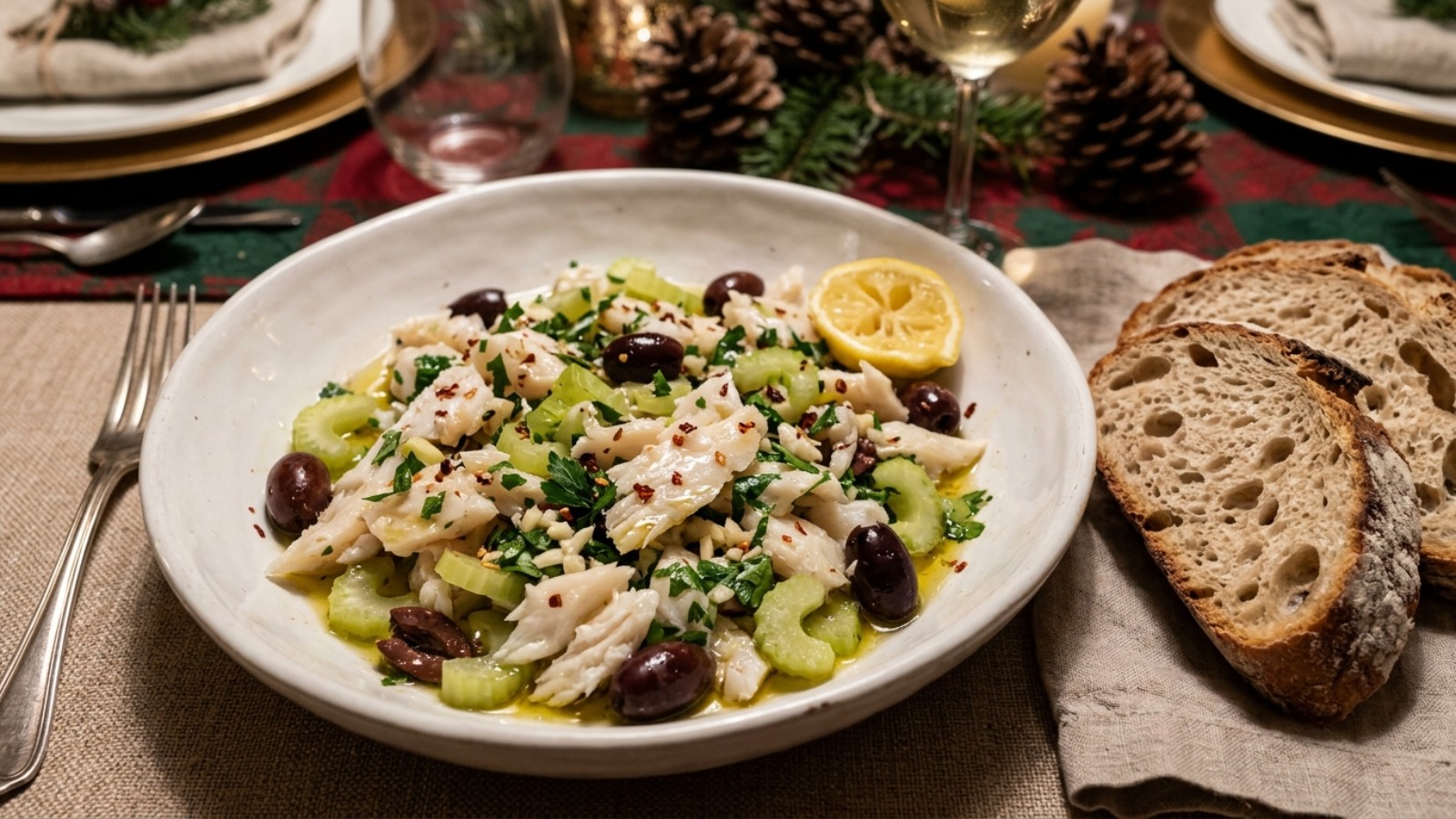 Feast of the Seven Fishes baccala salad with olives, celery and parsley in a white bowl
