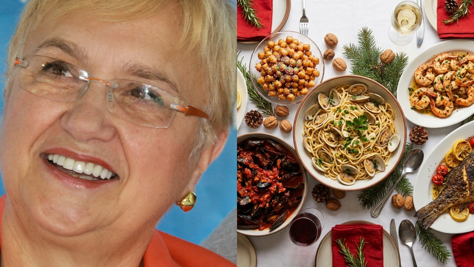 Lidia Bastianich next to a Feast of the Seven Fishes table with linguine and clams, mussels, shrimp and roasted fish