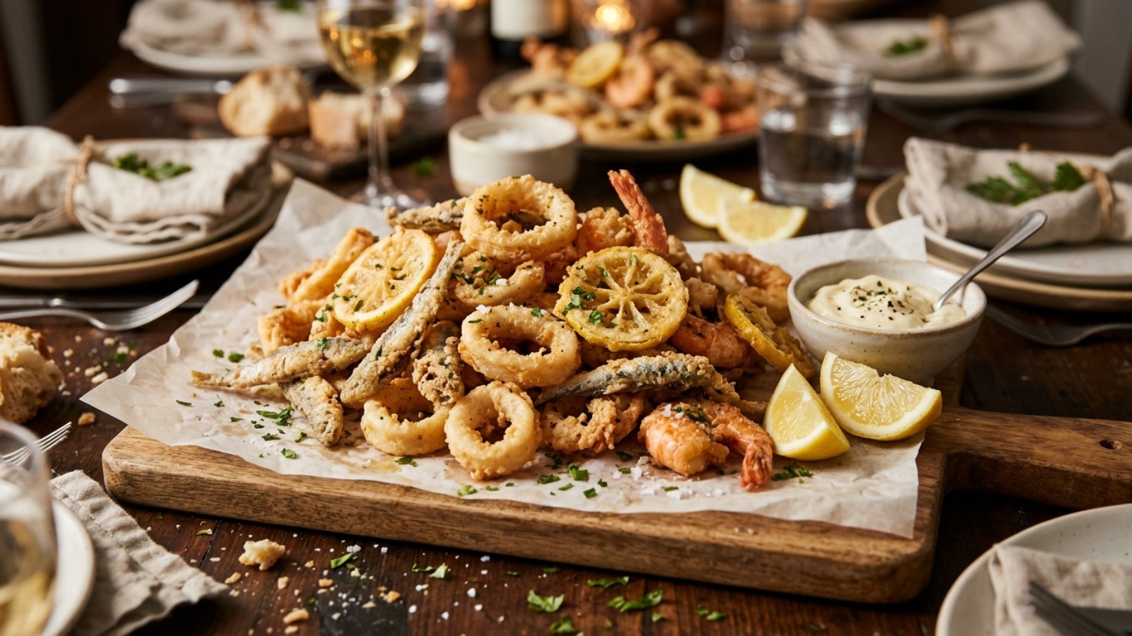 Feast of the Seven Fishes fritto misto with fried shrimp, calamari and lemon slices