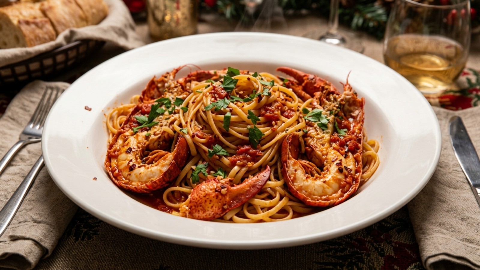 Feast of the Seven Fishes lobster fra diavolo with linguine in a white bowl