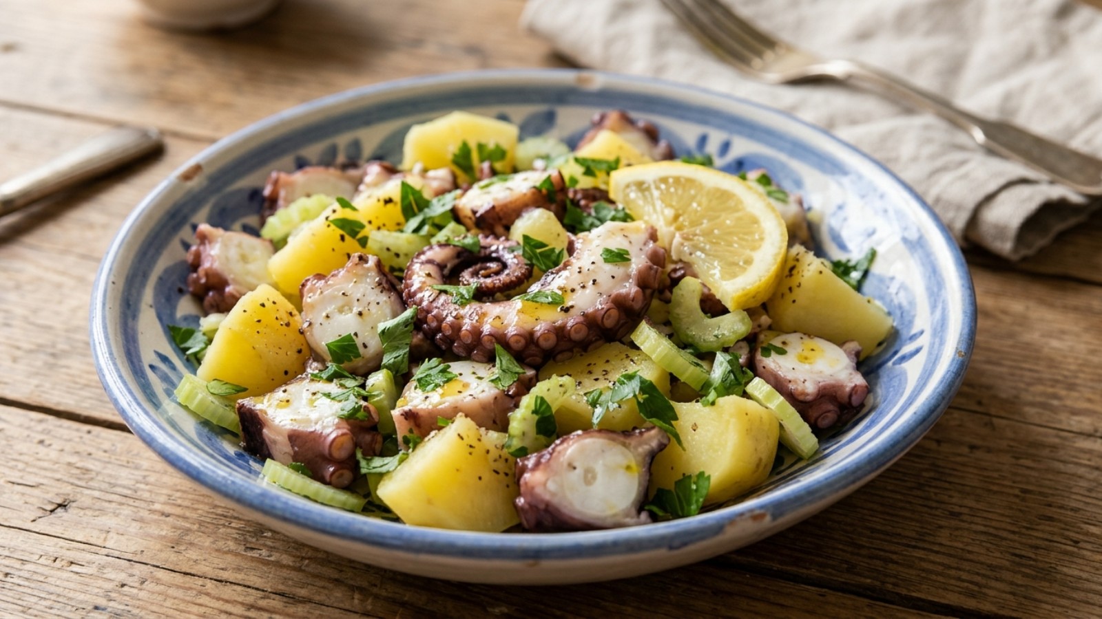 Octopus and potato salad with celery and parsley in a blue and white bowl