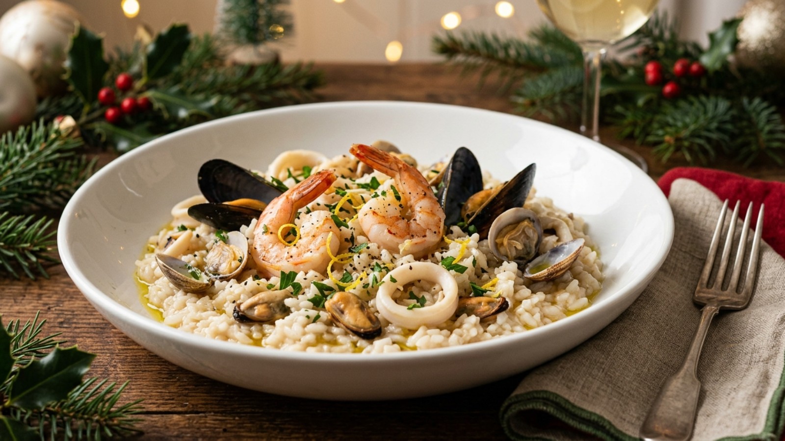 Creamy seafood risotto with shrimp, mussels and clams in a white bowl