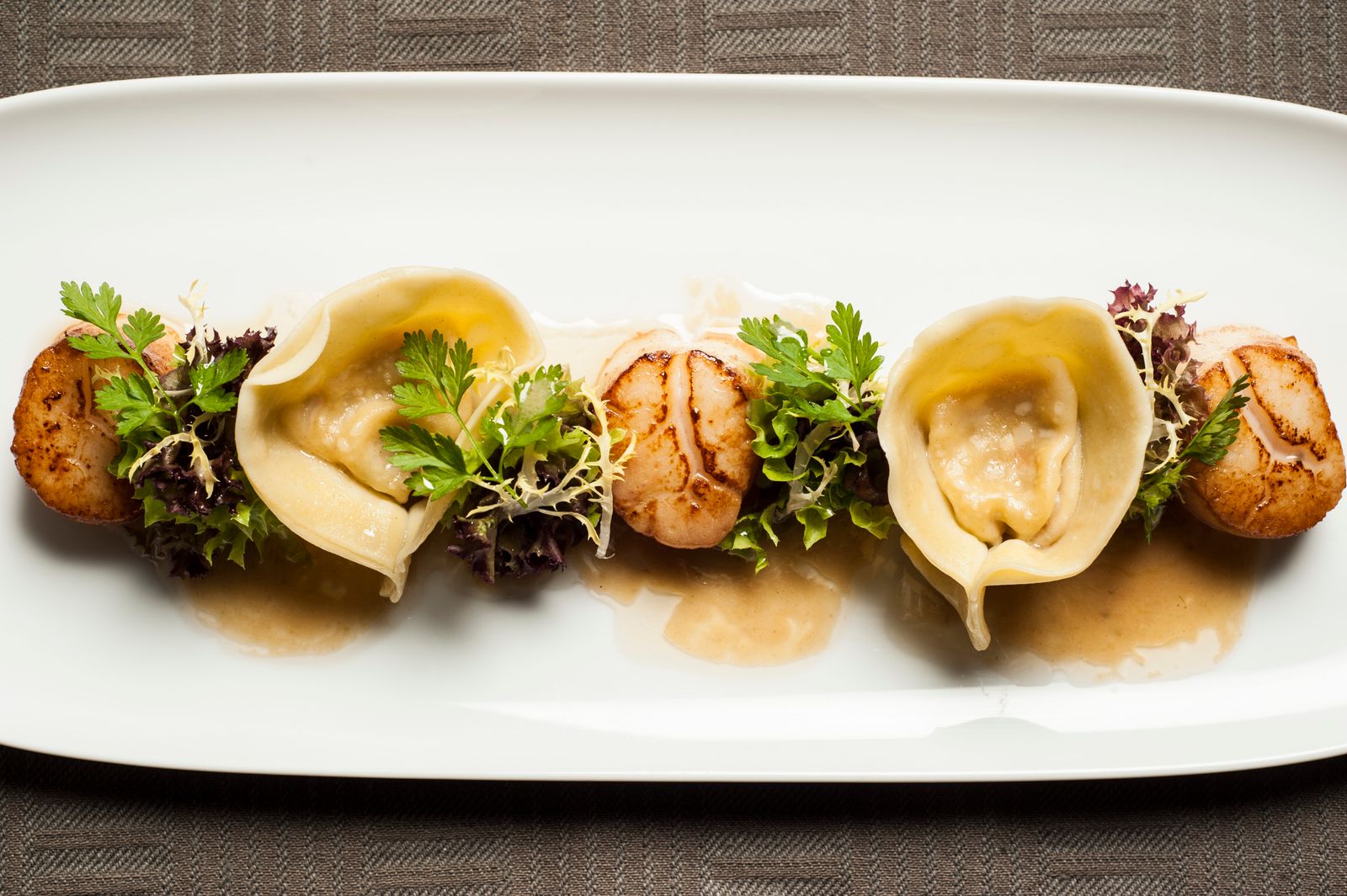 Seared scallops with fresh herbs on a white plate