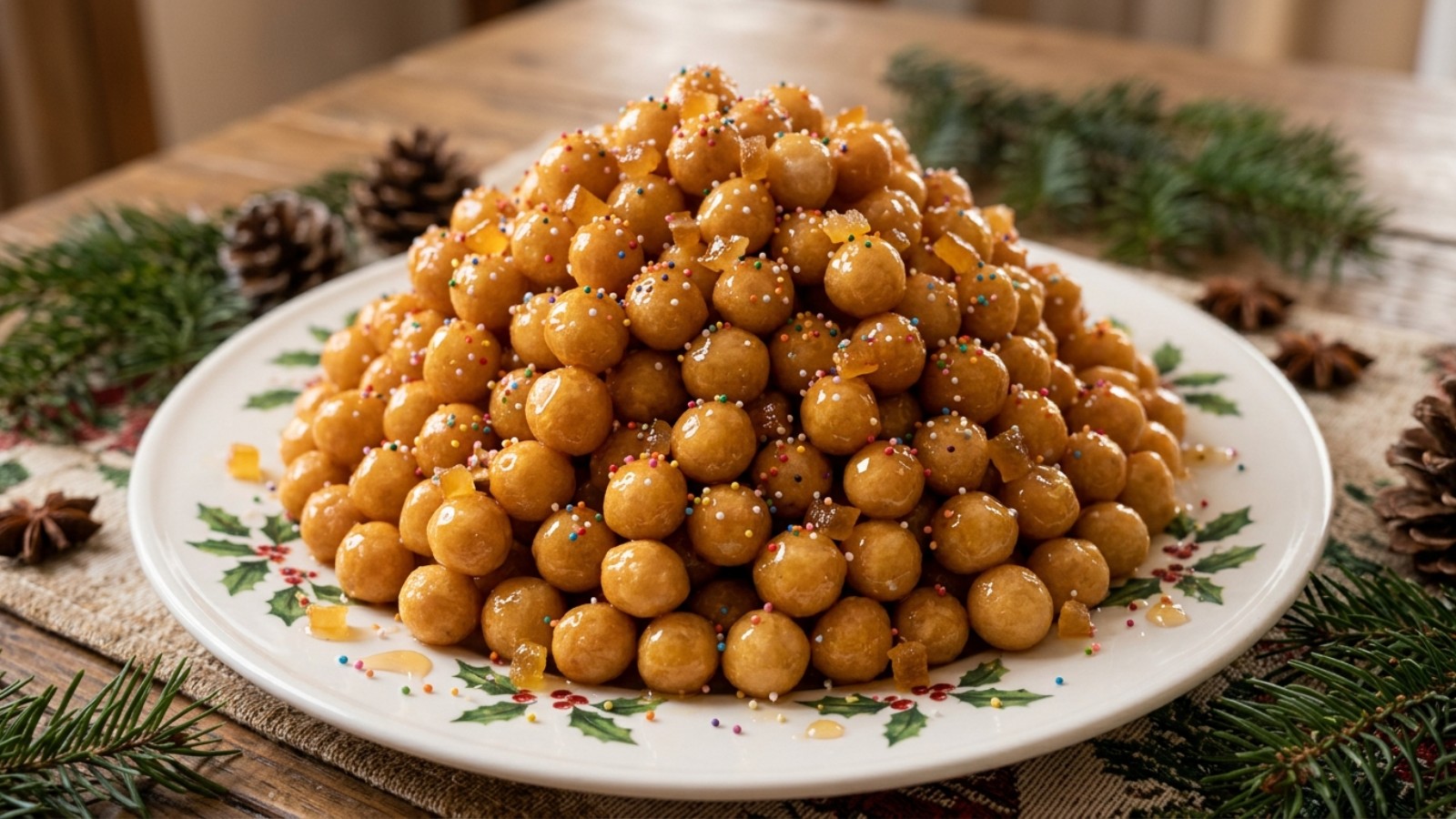 Feast of the Seven Fishes struffoli honey balls on a Christmas plate