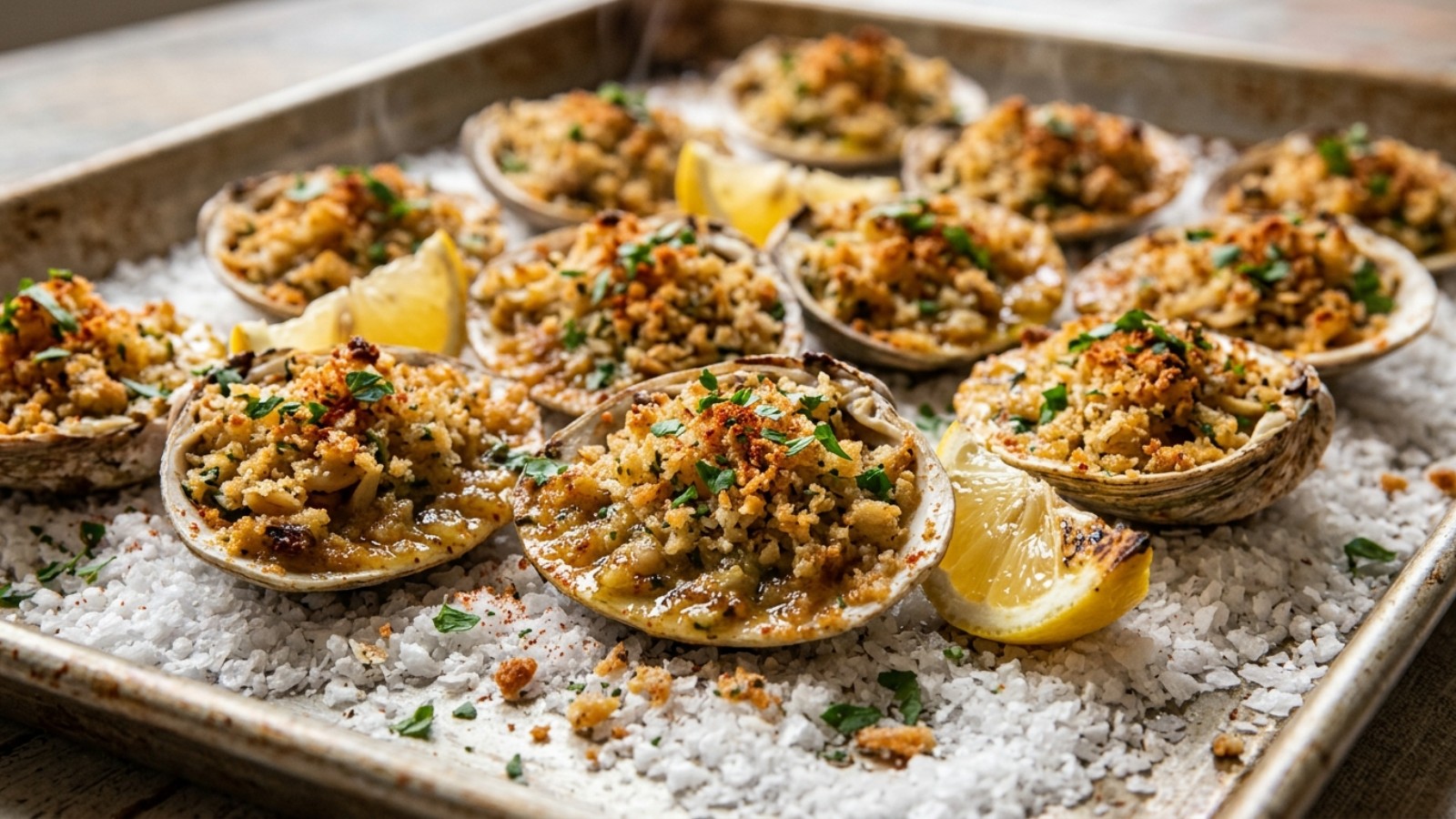 Feast of the Seven Fishes baked stuffed clams with garlic breadcrumbs on coarse salt