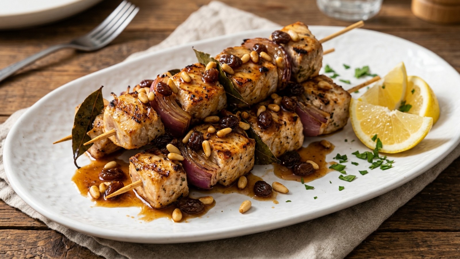 Swordfish skewers with red onion, bay leaves and sweet and sour sauce with pine nuts