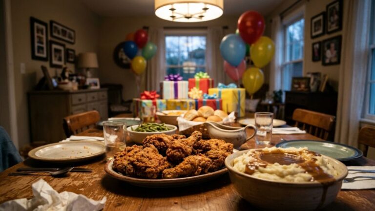 Birthday dinner ideas: fried chicken and mashed potatoes on a family table with balloons and gifts