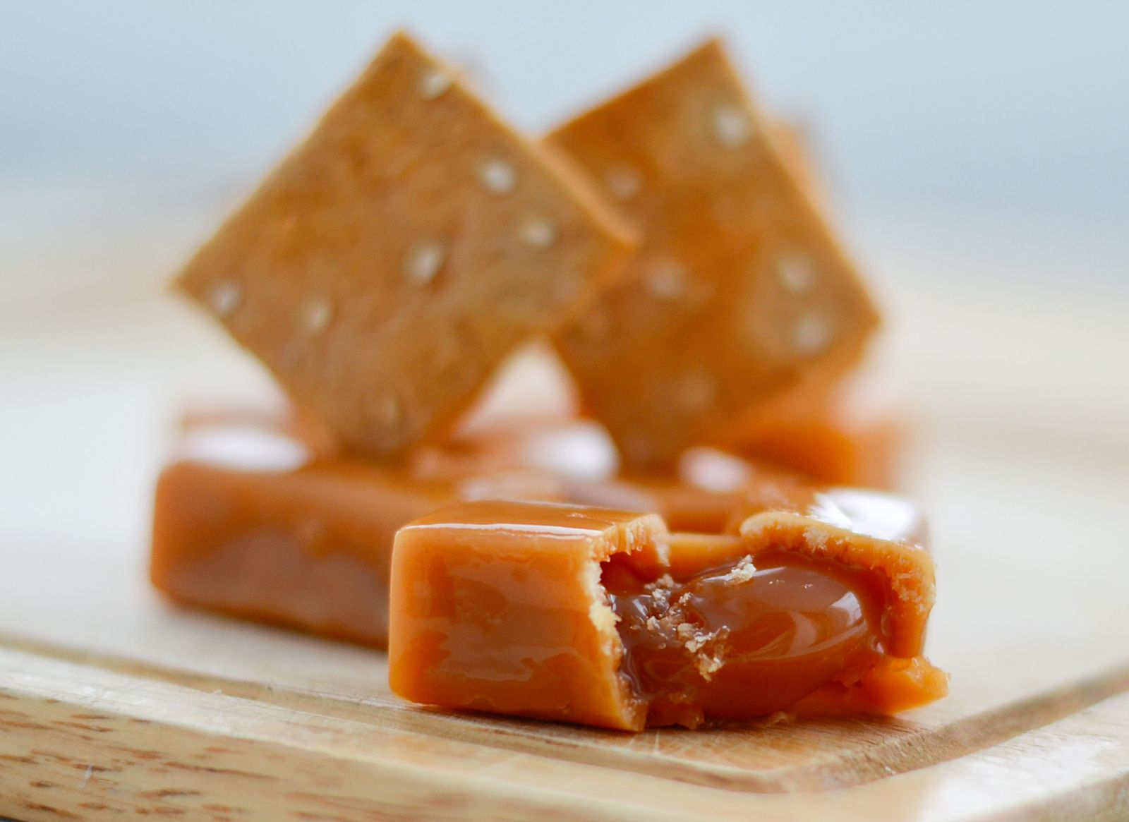 Squares of soft golden caramel candy