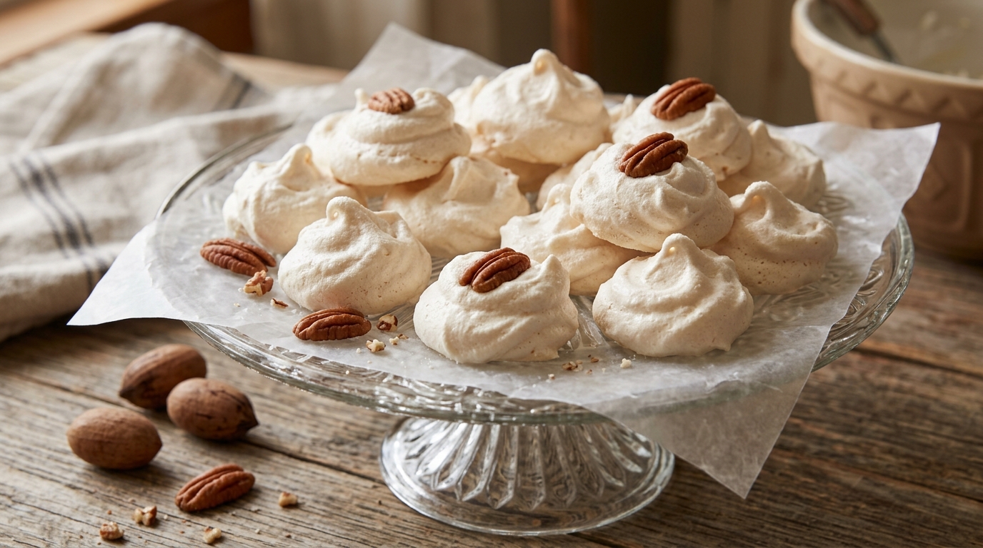 Southern divinity candy topped with pecan halves on a glass cake plate