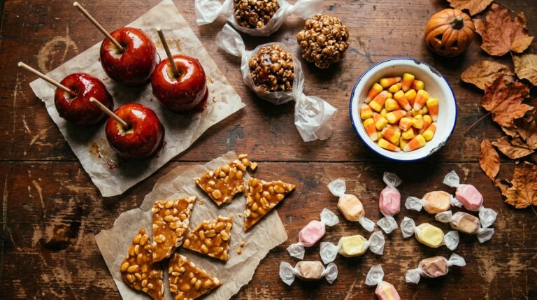 Red candy apples, popcorn balls, candy corn, peanut brittle and taffy on a wooden table