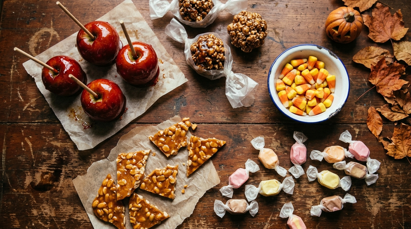 Red candy apples, popcorn balls, candy corn, peanut brittle and taffy on a wooden table