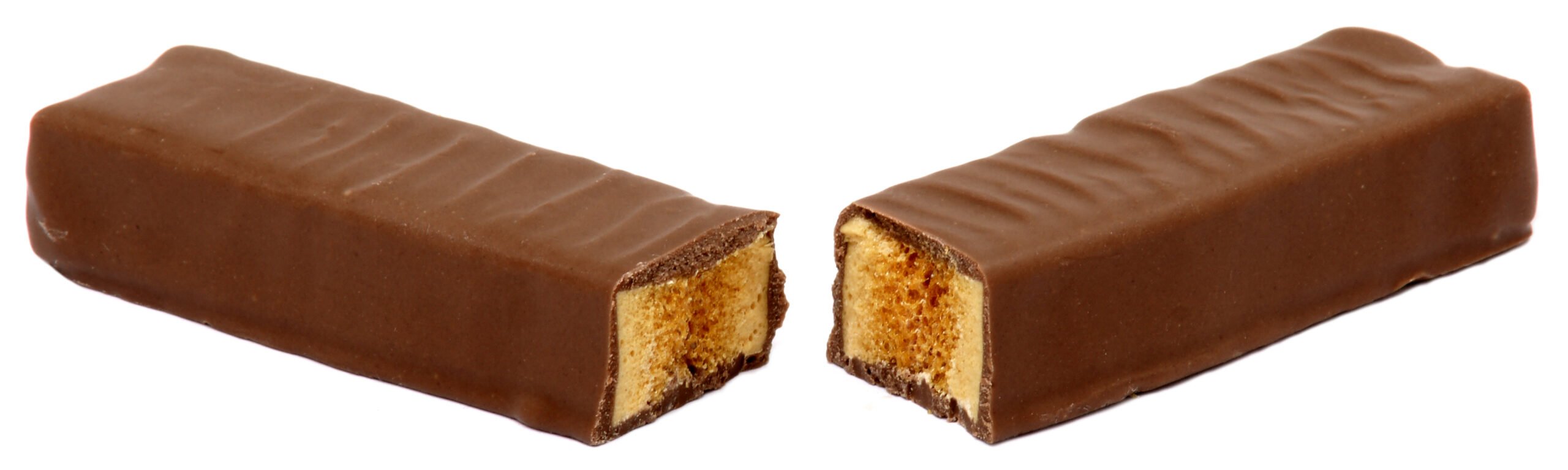 Chocolate covered honeycomb candy bar broken in half