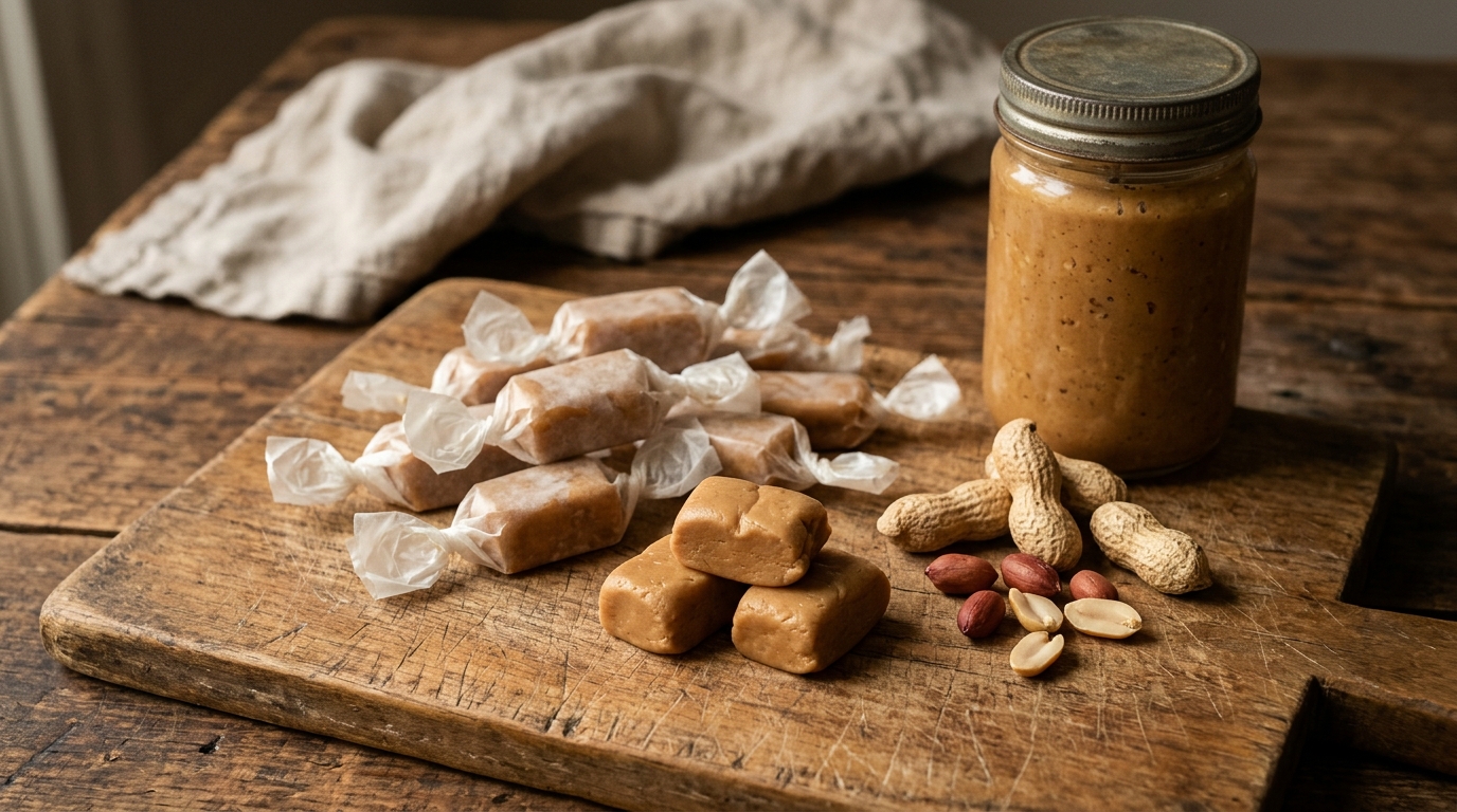 Homemade peanut butter chews wrapped in wax paper on a wooden board with peanuts