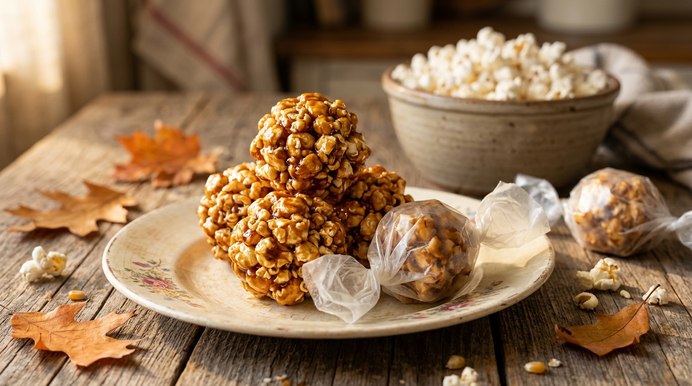 Amber molasses popcorn balls on a vintage plate, two wrapped in wax paper