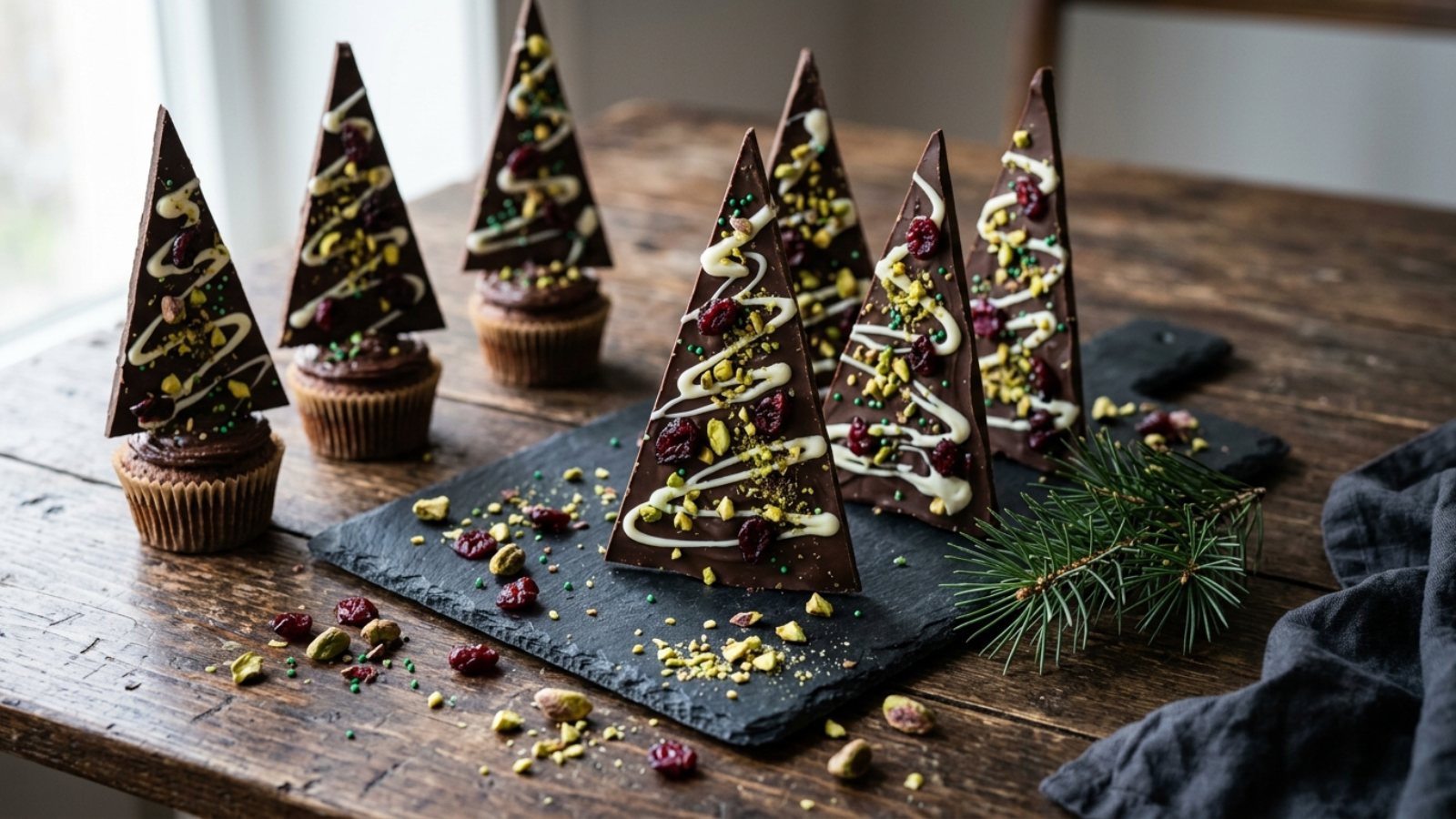 Dark chocolate bark Christmas trees with pistachios and cranberries on a slate board