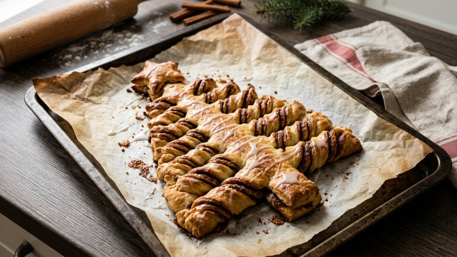 Golden cinnamon twist Christmas tree bread with a light glaze on a baking sheet