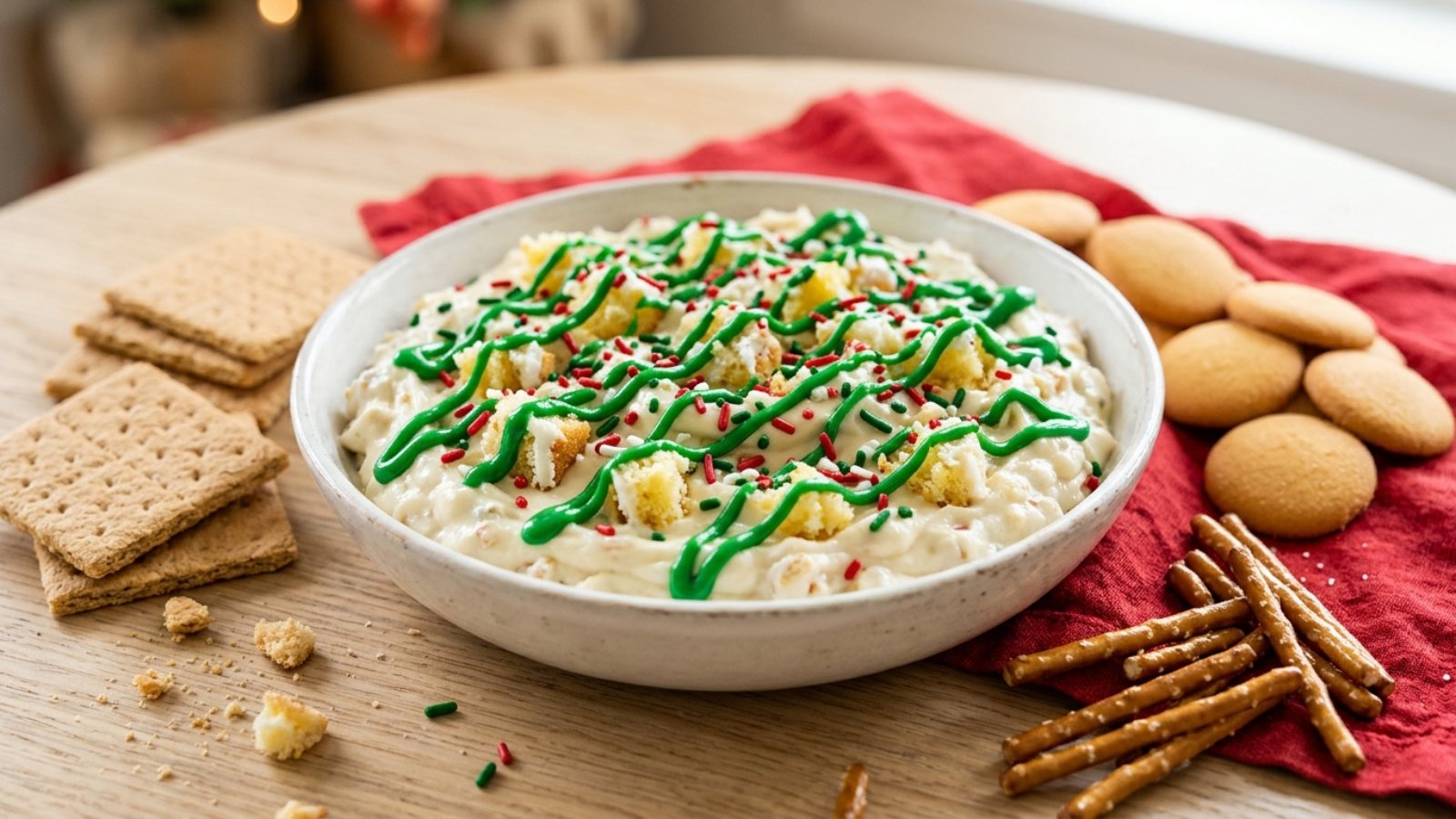 Christmas tree desserts: a bowl of Christmas tree cake dip with sprinkles, graham crackers and pretzels