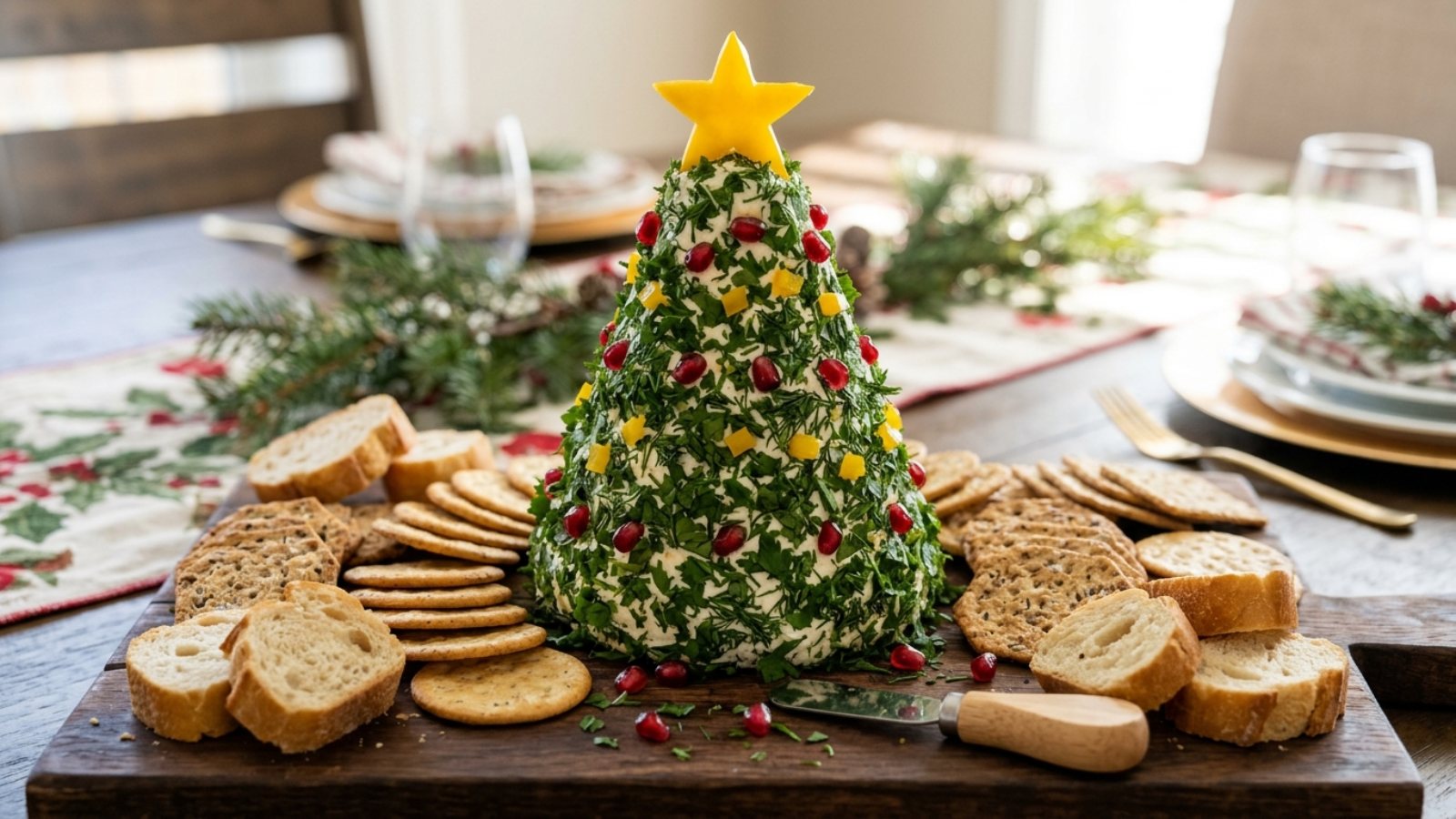 Christmas tree cheese ball covered in herbs with pomegranate seed ornaments and crackers