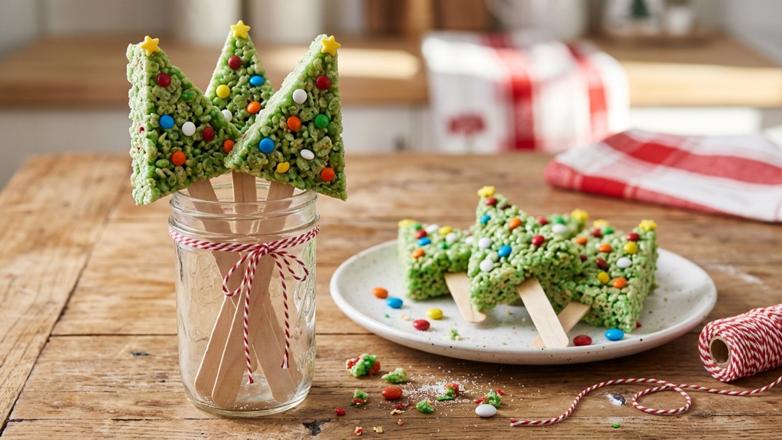 Christmas tree desserts: green crispy rice treat Christmas trees on sticks with candy ornaments