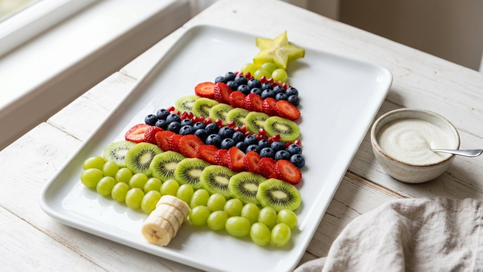 Christmas tree desserts: a fruit Christmas tree platter with grapes, kiwi, strawberries and a star fruit star
