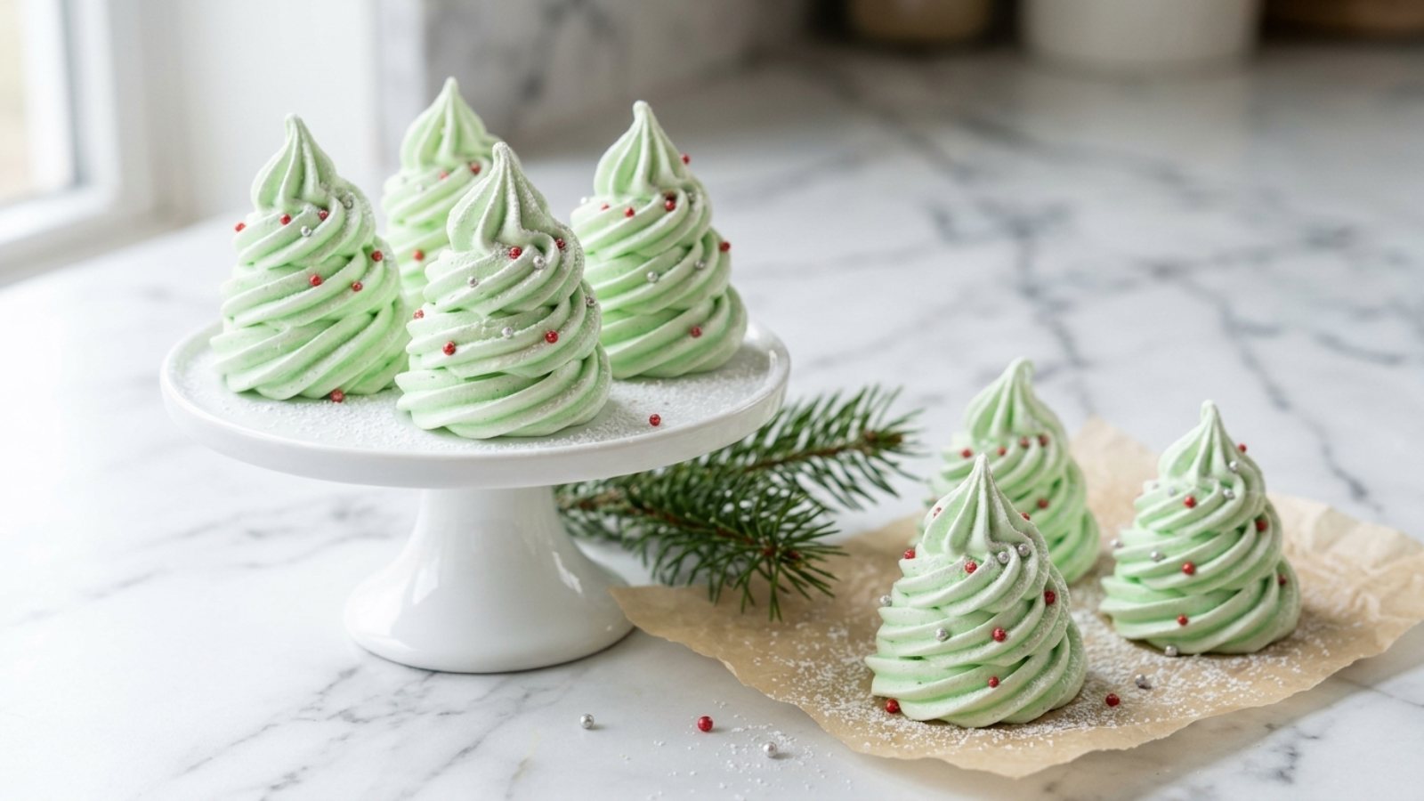 Pale green swirled meringue Christmas trees with sugar pearls on a cake stand
