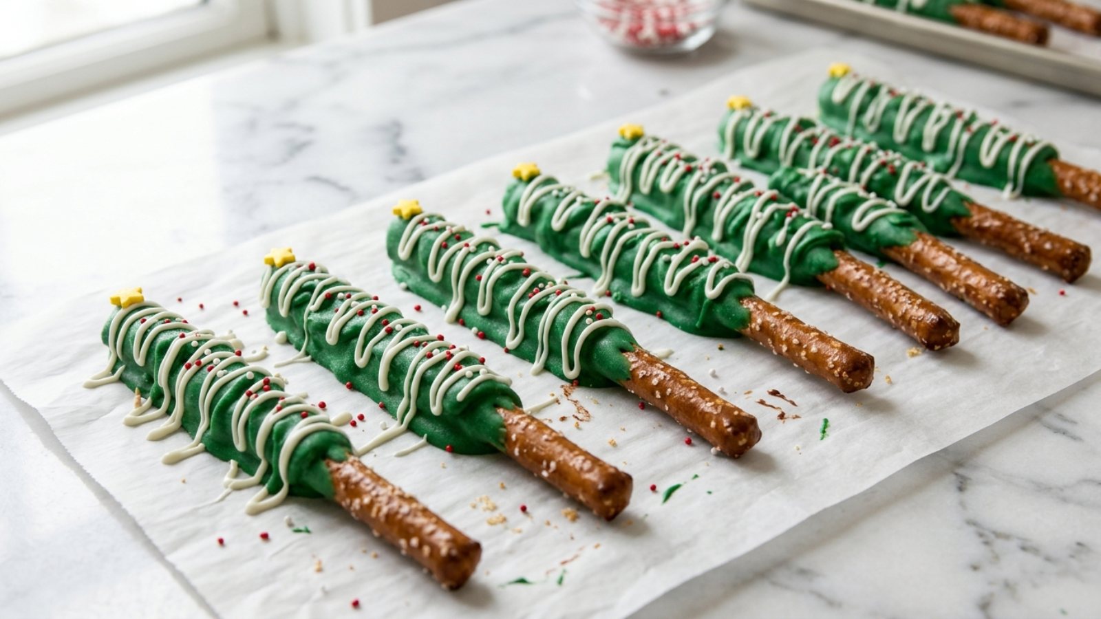Green chocolate dipped pretzel rod Christmas trees with white chocolate drizzle