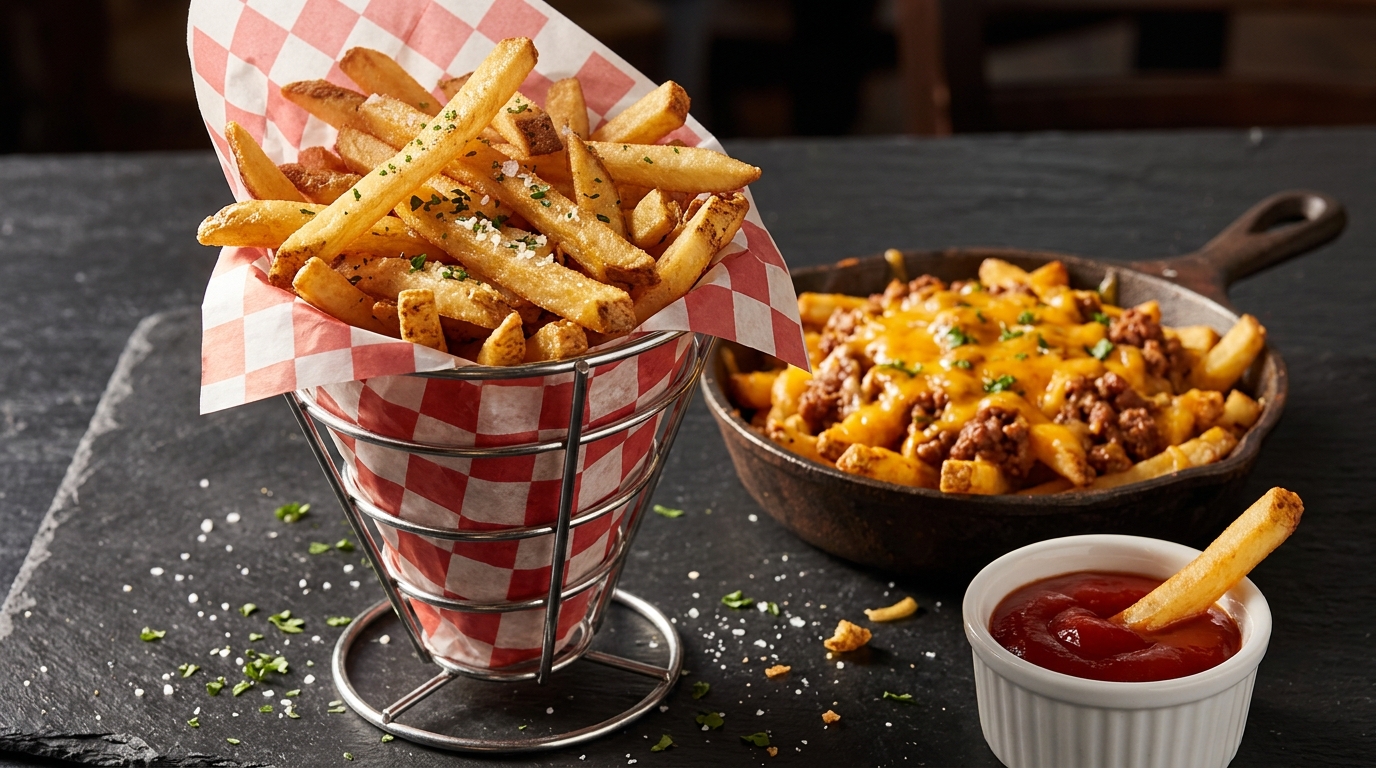 Golden homemade fries in a paper lined metal cone with chili cheese fries and ketchup on a slate table