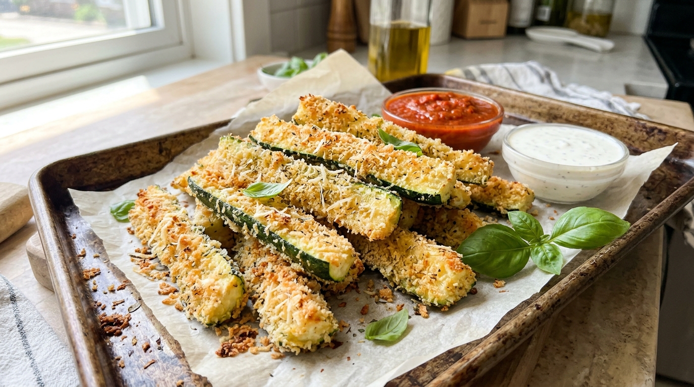 Baked zucchini sticks with a Parmesan crust and dips