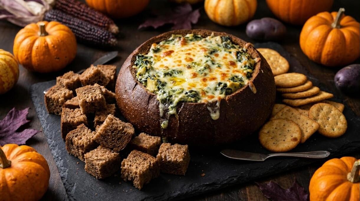 Hot cheesy dip baked inside a round bread bowl