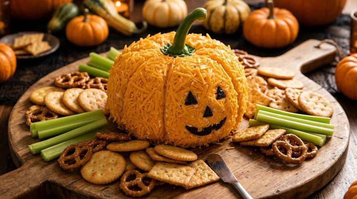 Orange cheddar cheese ball shaped like a pumpkin with crackers