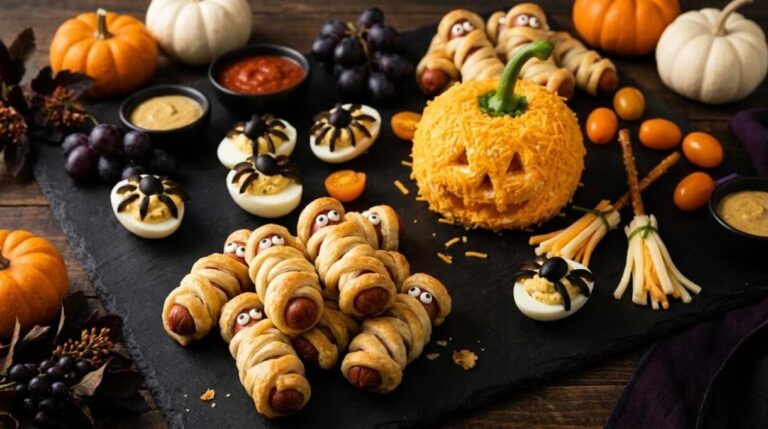Halloween appetizers spread with mummy hot dogs, a pumpkin cheese ball and deviled eggs