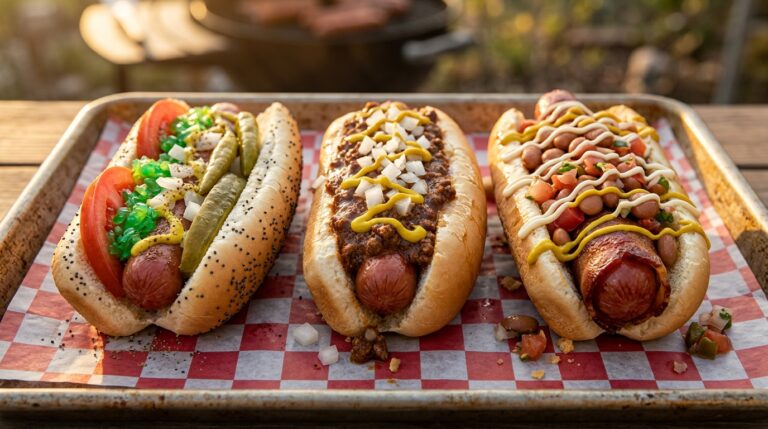 Chicago style, chili coney and bacon wrapped Sonoran hot dogs on a checkered paper tray
