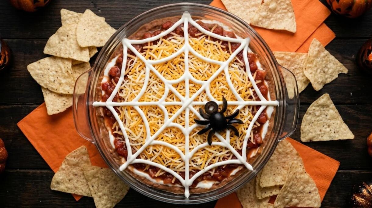 Layered taco dip with a sour cream spiderweb for Halloween appetizers