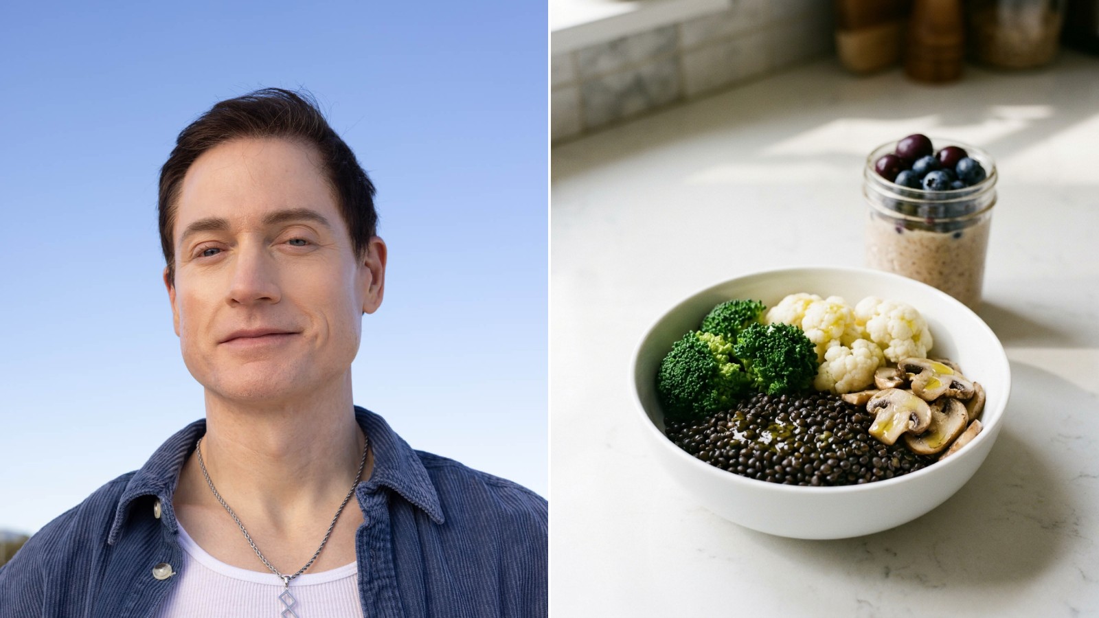 Bryan Johnson next to a bowl of black lentils, broccoli, cauliflower and mushrooms