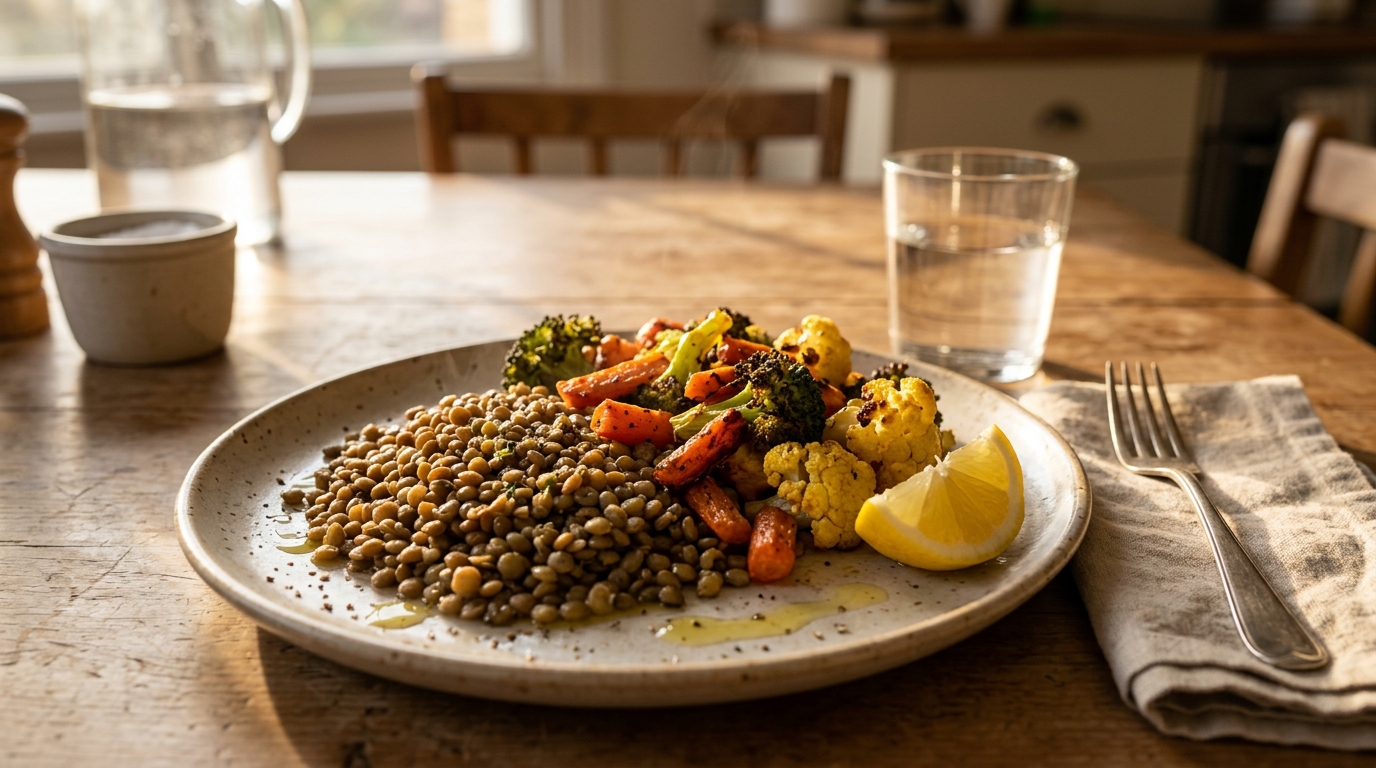 A simple early dinner plate of vegetables and lentils in afternoon light