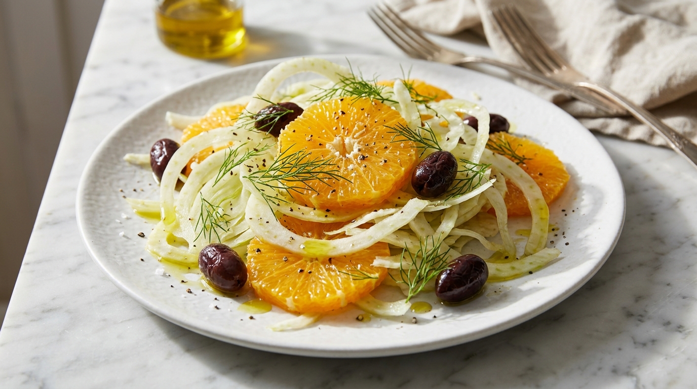 Orange and fennel salad with olives on a white plate