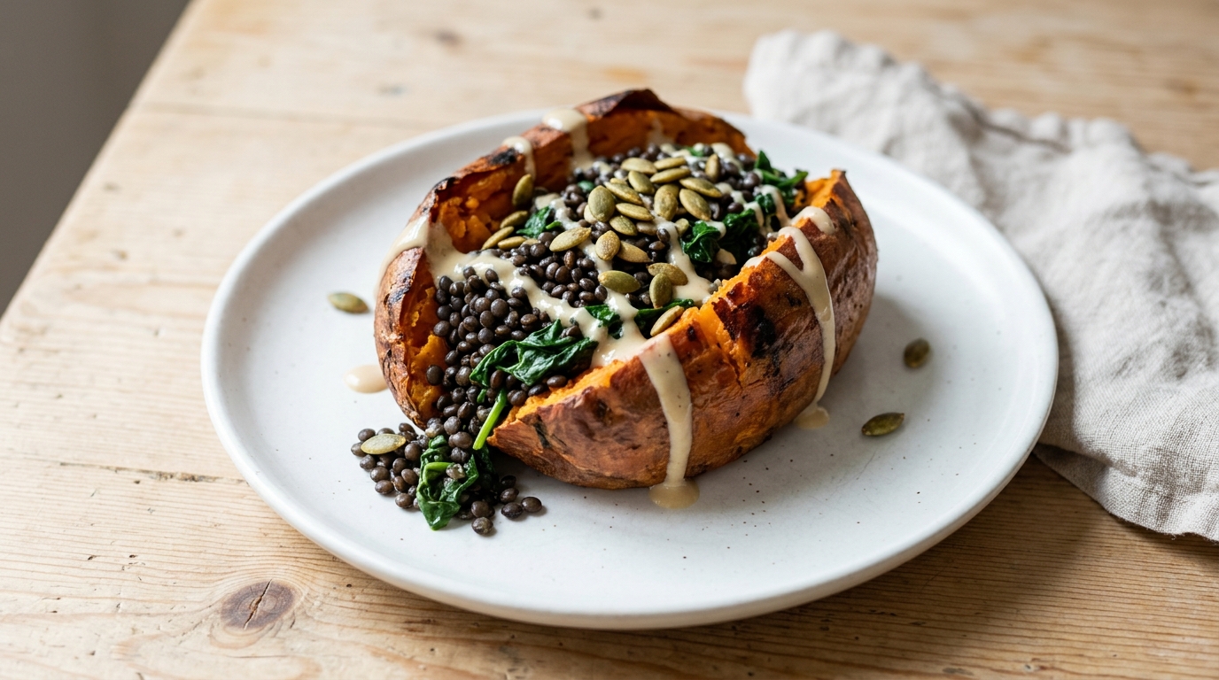 Baked sweet potato stuffed with lentils and greens