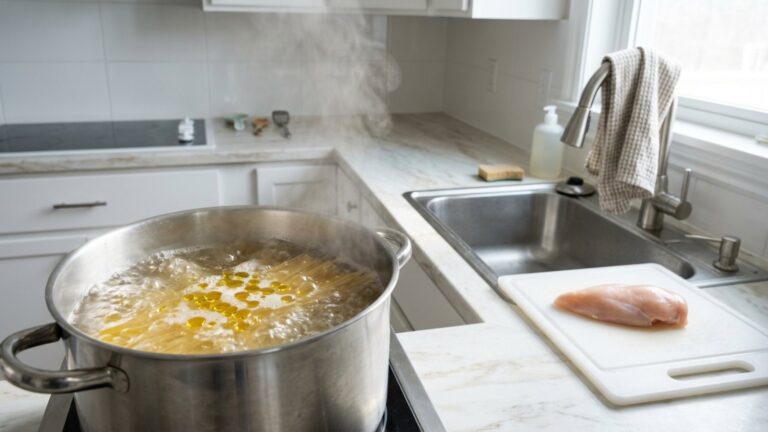 Kitchen myths: oil floating on boiling pasta water next to raw chicken on a cutting board