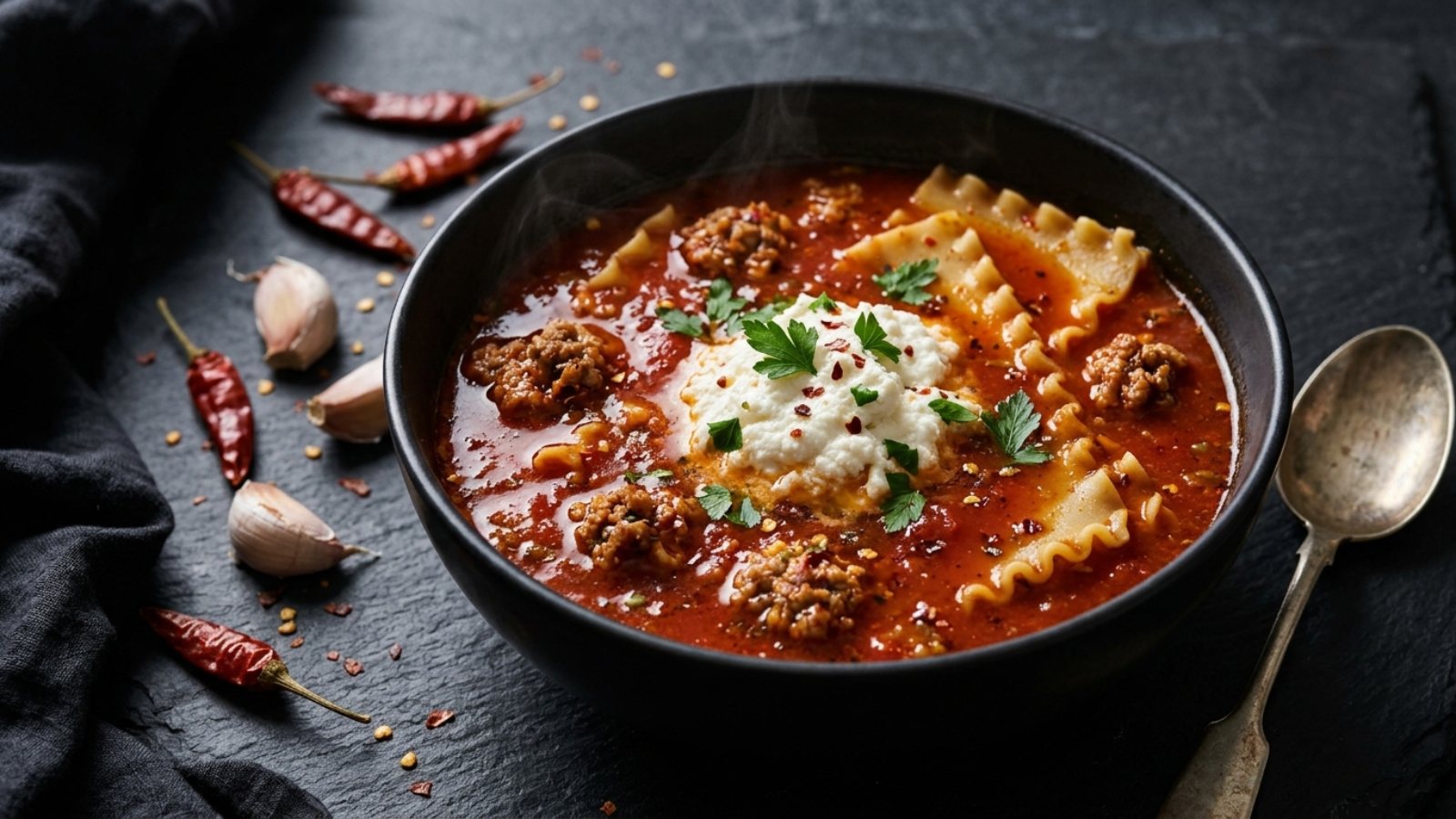 Spicy arrabbiata lasagna soup with sausage and ricotta in a black bowl