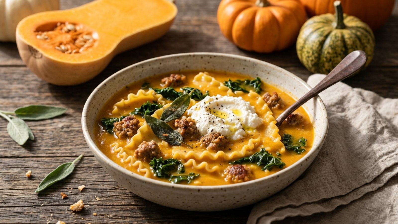 Butternut squash lasagna soup with sausage, kale and ricotta in a speckled bowl